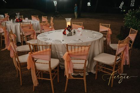 Round table reception seating at Beleza By The Beach, Goa. Two toned chair bows add a good pop of color and are a simple way to elevate your setup! Indian Wedding Decor | Outdoor Wedding Decor | Reception Decor | Round Table Decor | Chair Decor | Wedding Reception Round Table Seating Wedding, Round Table Reception, Round Table Seating, Chair Decor Wedding, Wedding Decor Reception, Wedding Decor Outdoor, Indian Reception, Round Table Decor, Round Table And Chairs