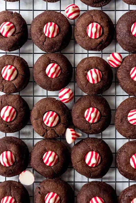 Chocolate Peppermint Blossoms - House of Nash Eats Thumbprint Cookies Hershey Kiss, Peppermint Blossoms, Soft Chocolate Cookie, Butter Blossoms, White Chocolate Candy, Blossom Cookies, Kiss Cookies, Chocolate Cookie Dough, Peanut Butter Blossoms