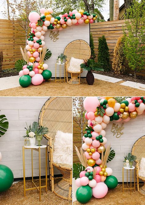 Peacock Chair Bridal Shower Ideas, Balloon Arch Color Scheme, Pool Bridal Shower Ideas, Pink And Green Balloon Arch, Pool Party Bridal Shower Ideas, Bridal Shower Color Schemes, Colorful Bridal Shower Ideas, Tropical Balloon Arch, Tropical Bridal Shower Theme