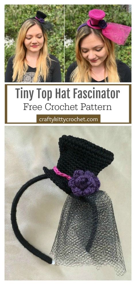 Hat Toppers Crochet, Crochet Fascinator Free Pattern, Top Hat Crochet Pattern Free, Crochet Fascinator, Crochet Tiny Top Hat Free Pattern, Crochet Small Top Hat Free Pattern, Crochet Top Hat Free Pattern, Top Hat Crochet, Crochet Tiny Hat Free Pattern