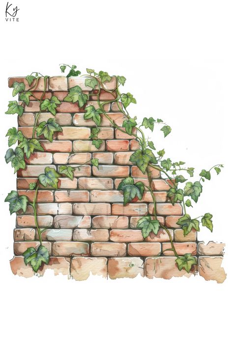 12 Watercolor Brick Wall and Vines Clipart, Printable Vintage Hand-Painted Art for Crafting & Design Vines On Wall Drawing, Fall Drawings For Kids, How To Paint Ivy Vines Easy, Brick Watercolor, Overgrown Vines Drawing, Watercolour Bricks, Brick Wall Watercolor, Watercolour Brick Wall, Watercolor Stone Wall