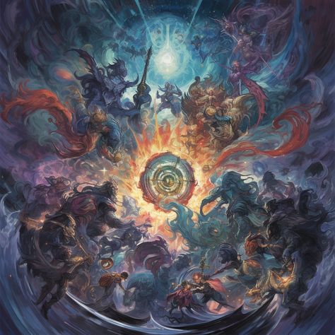 Behold, a whimsical world where gods clash in an epic battle of color and chaos! Watch as swirling clouds of abstract art come together to create a scene straight out of a dream. This piece is perfect for those who want to add a touch of the divine to their home decor, or who simply enjoy a good old-fashioned showdown between deities. So why wait? Step into this fantastical realm and witness the ultimate clash of the gods! Cloud Artwork, Swirling Clouds, Rpg Characters, Epic Battle, World Art, The Divine, Good Old, Abstract Backgrounds, A Dream