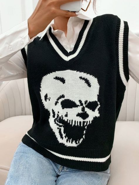 Gothic Tank Tops, Womens Knit Sweater, Skull Sweater, Street Sweatshirt, Loose Tank Tops, Halloween Sweater, Knitted Vest, Casual Vest, Crop Top And Shorts