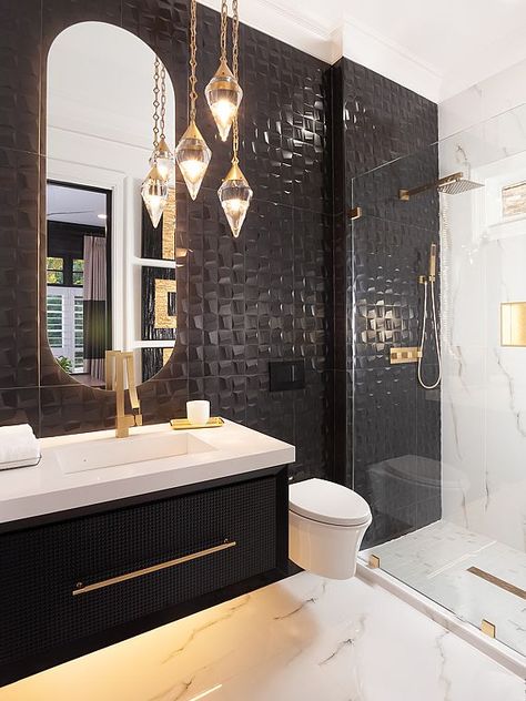 Black Glamour - The Sisters and Company 770-498-7780 Barbara Elliott & Jennifer Ward-Woods Black And Gold Bathroom, Bathroom Design Black, Gold Bathroom, Bathroom Inspiration Decor, Bathroom Design Luxury, Dream Bathrooms, Bathroom Layout, Bathroom Wallpaper, House Bathroom