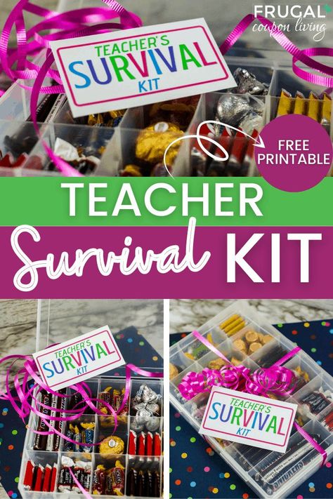 Kick-off the school year right or show some love teacher appreciation week! Gift these teacher survival kits to your child's teachers this year. Teacher survival kits make a cute and thoughtful gift to get them through busy days in the classroom.  #FrugalCouponLiving #teacherappreciation #giftideas Teacher Survival Kit Free Printable, Teacher Emergency Kit, Last Day Of School Gifts, Last Day Of School Ideas, Present Wrapping Ideas, Teacher Survival Kit, Teachers Gift Ideas, Teacher Gifts Ideas, Creative Gift Wrapping Ideas