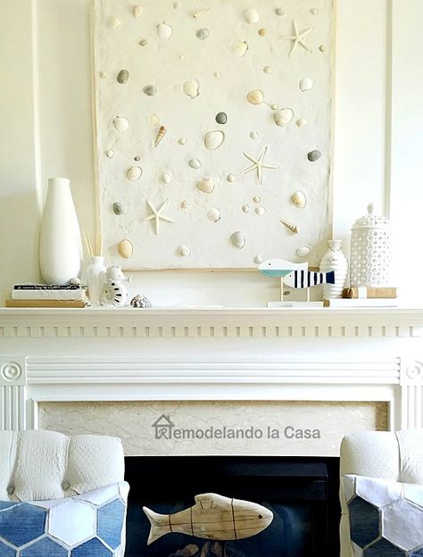 DIY Wall Decor with Grout  and Shells for above the Fireplace...  http://www.completely-coastal.com/2017/01/shells-embedded-in-grout-wall-art.html Decorating With Shells, Framed Shells, Shell Collage, Seashells On The Beach, Seashell Collection, Summer Mantel, Deco Marine, Seashell Wall Art, Modern Coastal Decor