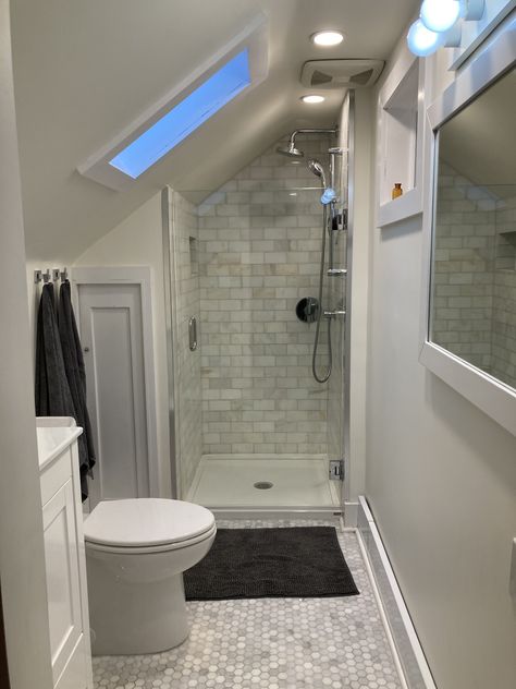 Slant Roof Bathroom, Loft Conversion Ensuite Small Spaces, Small Bathroom With Slanted Roof, Small Angled Ceiling Bathroom, Slanted Ceiling Ensuite, Small Full Bathroom Slanted Ceiling, Loft Shower Room Ideas Sloped Ceiling, Upstairs Bathroom Ideas Slanted Ceiling, Loft Conversion En Suite Ideas