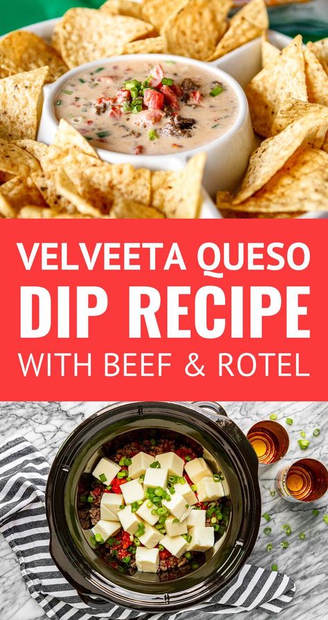 4-Ingredient Velveeta Queso Recipe -- the addition of browned ground beef in this Velveeta queso dip recipe really stretches this delicious white cheese dip to feed a hungry crowd! Always a crowd pleaser, this meaty queso dip uses just 4 ingredients... Make it in a large skillet on the stove top or take it on the go in your slow cooker!! | velveeta cheese dip recipe | white queso dip | velveeta rotel dip | hamburger dip | beef queso dip Velveeta Rotel Dip, Velveeta Cheese Dip Recipes, Velveeta Queso Dip, Queso Dip Velveeta, Queso Dip Crockpot, Hamburger Dip, Velveeta Rotel, Rotel Cheese Dip, Velveeta Queso