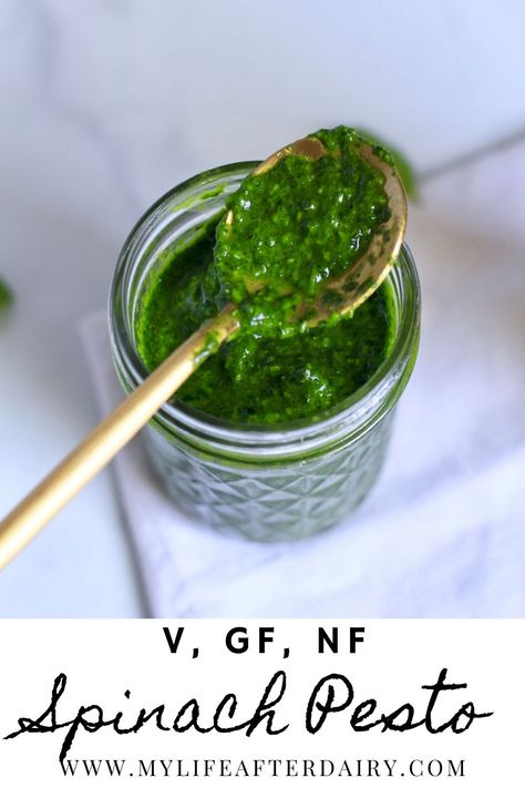 This incredibly easy, nut-free vegan spinach pesto is a must-make summer sauce! With just 5-ingredients all you need to do is blend and enjoy. Perfect for tossing on pasta, slathering on warm bread, or using in a tomato galette this dairy-free spinach pesto will be your favorite go-to recipe! Dairy-free, gluten-free, nut-free, and extremely easy to make, this is a must make pesto recipe! Tomato Galette, Summer Sauce, Vegan Pesto Recipe, Nut Free Pesto, Make Pesto, Pesto Vegan, Pesto Spinach, How To Make Spinach, Spinach Pesto