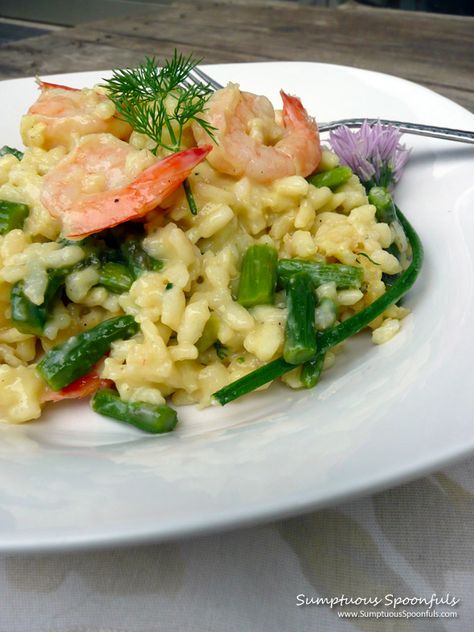 Rich and creamy risotto with tender shrimp and asparagus, the sharpness of Asiago cheese, and a bit of fresh dill and chives to add flavor. Asiago Risotto, Asparagus Risotto, Shrimp And Asparagus, Risotto Recipe, Shrimp Dishes, Risotto Recipes, Asiago, Fresh Dill, Linguine