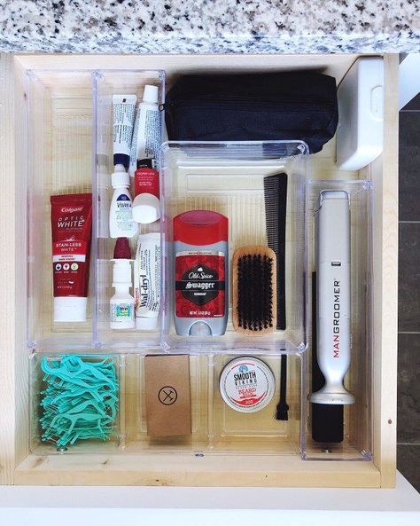 mans bathroom organization drawer for him Mens Bathroom Organization, Mans Bathroom, Mens Bathroom Decor, Diy Bathroom Storage Ideas, Bathroom Vanity Organization, Mens Bathroom, Man Bathroom, Bathroom Drawer Organization, Cheap Organization