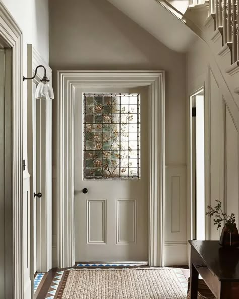 What is colour drenching? The secret to this bold interior trend - Emily May Molding On Entry Way, Stain Glass In House, Emma Milne Interiors, Stained Glass Entryway, House Interiors Cozy, Stained Glass Home Decor, Stained Glass In House, Stained Glass Doors Interior, Door With Glass Window