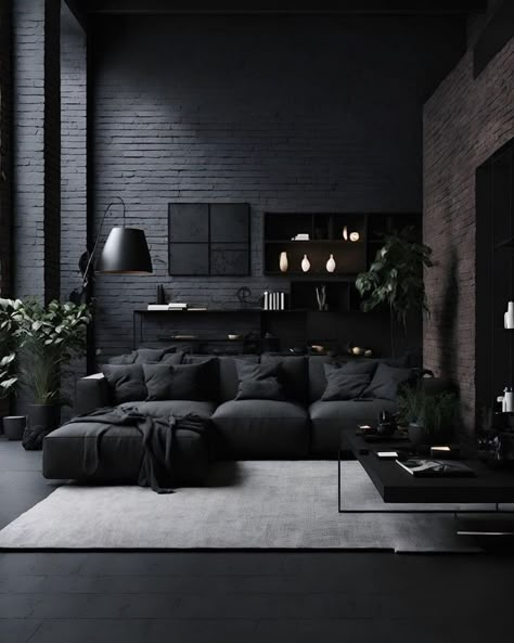 Male Home Aesthetic, Male Apartment Ideas, All Black Room Aesthetic, Black Aesthetic Apartment, Luxury Bachelor Pad, All Black Living Room, Male Apartment, All Black Room, Black Room Aesthetic