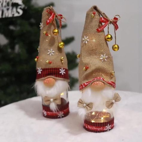 Wine Bottle Gnomes Diy How To Make, Wine Bottle Gnome, Diy Christmas Napkins, Bazar Ideas, Large Wine Bottle, Winter Wreath Diy, Terra Cotta Pot Crafts, Pot Crafts, Christmas Wine Bottles