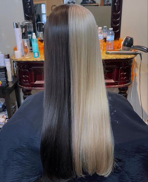 brown dye on the right, blonde hair on the left, split dye Long Split Dyed Hair, Split Dyed Hair Brown, Split Dyed Hair Brown And Blonde, Hair Claims, Split Dye, Split Dyed Hair, Colour Hair, Brown Hair Dye, Split Hair