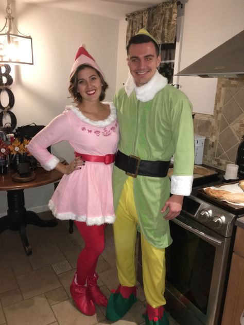 Buddy Elf Costume, Christmas Couple Costumes, Funny Christmas Costumes Couples, Christmas Party Costume Ideas Couples, Elf Couple Costume, Christmas Duo Costumes, Elf Movie Costume Diy, Buddy The Elf Couple Costume, Buddy The Elf Halloween Costume