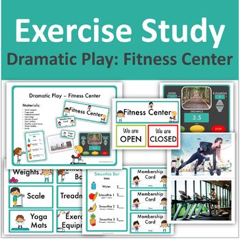 Exercise Study - Dramatic Play: Fitness Center (Creative Curriculum)This set includes:*Ideas for the dramatic play center*Center sign*Labels (6)*treadmill display (2)*Exercise pictures (12)*Smoothie bar menu*Membership cards... Exercise Study Creative Curriculum, Exercise Pictures, Creative Curriculum Preschool, Bee Life Cycle, Dramatic Play Center, Dramatic Play Preschool, Smoothie Bar, Dramatic Play Centers, Center Signs