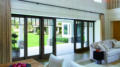 large opening multi-panel sliding door Glass Wall Systems, Sliding Door Window Treatments, Sliding Doors Exterior, Wooden Sliding Doors, Door Window Treatments, Glass Doors Patio, Sliding Door Design, Swim Meet, Sliding Glass Doors