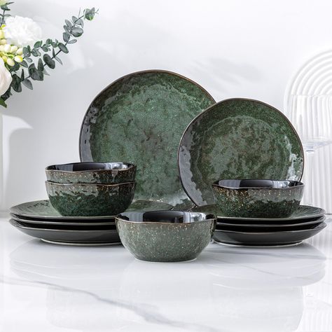 PRICES MAY VARY. 【WHAT YOU WILL RECEIVE】 This 12-piece dinnerware set includes 4 x 10.5-inch dinner plates, 4 x 8.0-inch salad plates, and 4 x 24 oz cereal bowls. Ideal for small families, couples, or individuals, this set perfectly meets all your dining needs with four complete place settings. 【STURDINESS AND SAFTY】our products made of highly viscous natural materials,after 2300℉ high temperature firing for 17 hours,so they are light weigh,Sturdiness,Durability,extra stronger to prevent scratch Unique Plate Sets, Ceramic Dinner Plate, Green Dishes Set, Dish Sets Dinnerware Unique, Uni Prep, Stone Dinnerware, Dish Sets Dinnerware, Dishes Sets, Rustic Tableware