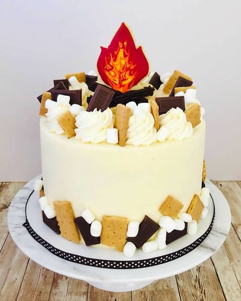 S’more Bday Party, Campfire Theme Cake, October Birthday Party Food Ideas, S'mores Birthday Cake, S'more Birthday Party, Smore Birthday Cake, Glamping Cake Ideas, S’more 1st Birthday, Camping Party Cake