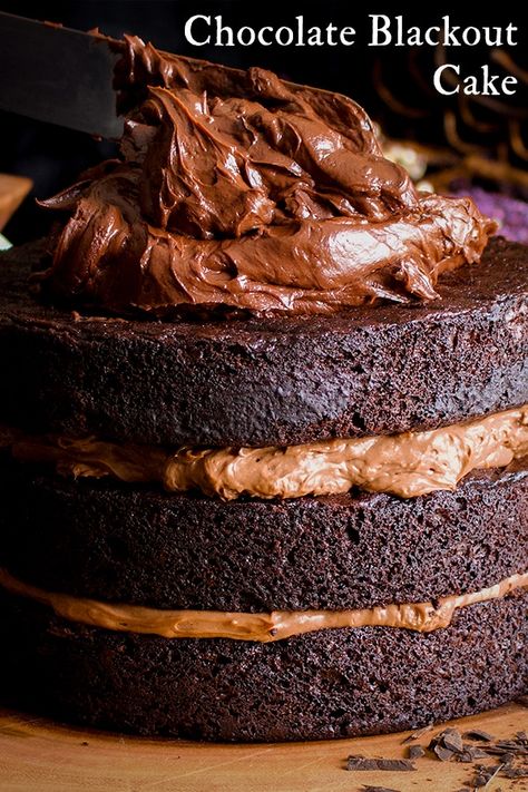 The Chocolate Cake to Top All Chocolate Cakes. If you are the kind of person who believes there is no such thing as too much chocolate, Chocolate Blackout Cake has got your number. Three sinfully fudgy Devil's Food Cakes are layered with rich Chocolate Pastry Cream and then covered with a thick layer of Chocolate Ganache. #chocolatecake #best #cake #layercake #blackoutcake | ofbatteranddough.com Bake Flat Cakes, Flat Cakes, Chocolate Pastry, Dark Chocolate Cookies, Layered Cake, Chocolate Fudge Cake, Fudge Cake, Giada De Laurentiis, Chocolate Fudge