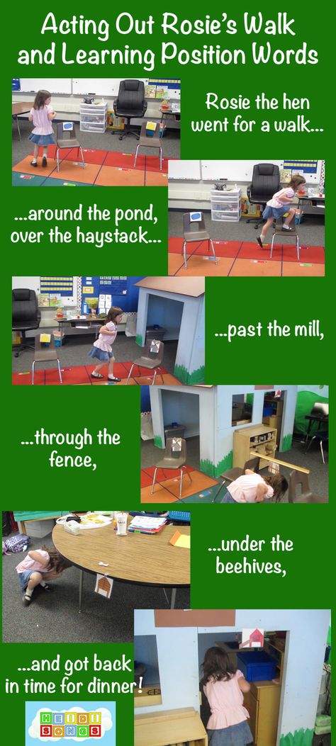 Act out Rosie's Walk by taping children's pictures from their little books to the chairs and other furniture. Rosies Walk, Positional Language, German School, Farm Unit, Farm Preschool, Obstacle Courses, Reading Festival, Spatial Relationships, Story Activities