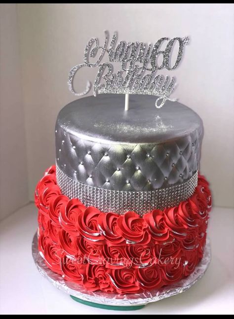 Silver and red cake.Rosette Cake Red Birthday Cakes, Bling Cakes, Rosette Cake, 60th Birthday Cakes, Silver Cake, Red Cake, Silver Birthday, 50th Party, Sweet Cravings