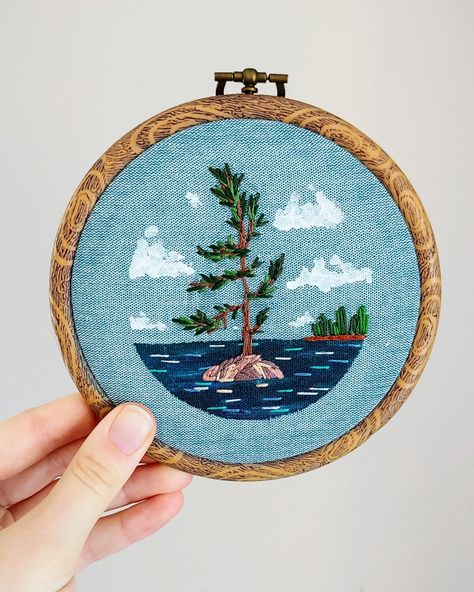 Canadian Scenery, Lake Embroidery, Scenery Embroidery, Painting Dollhouse, Embroidered Water, Dollhouse Painting, Painted Clouds, Jack Pine, Mini Landscape