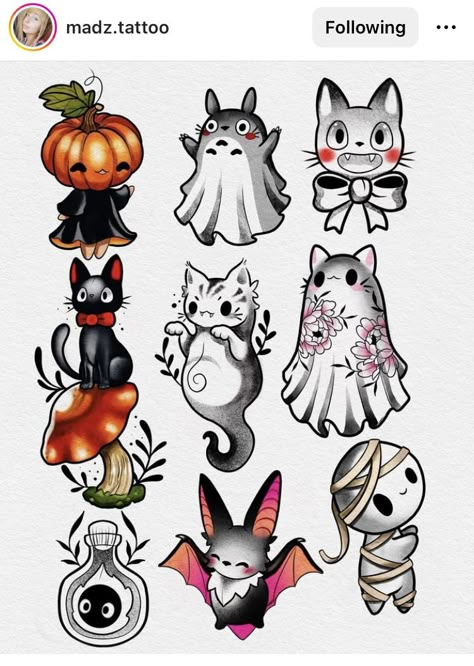 Cute Halloween Cat Tattoo, Halloween Flower Tattoo Ideas, Halloween Cartoon Tattoo, Halloween Anime Tattoo, Fruit Bat Tattoo Design, Cute And Spooky, Spooky Girly Tattoos, Cute Halloween Flash, Halloween Tattoo Ideas Simple