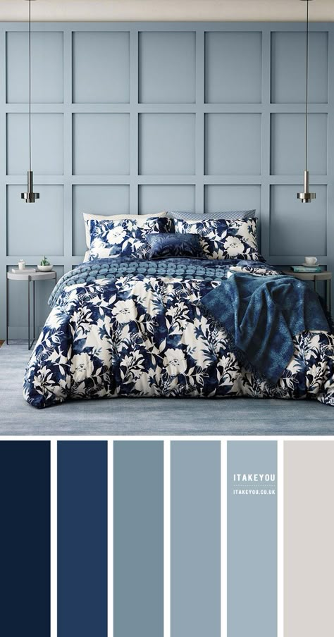 Navy Blue White And Grey Bedroom Colour Schemes, Stormy Blue Bedroom Ideas, Bedroom Colour Palette Blue, Colour Theme For House, Bedroom Colour Theme Ideas, Navy Blue Bedroom Color Palette, Navy Blue Bedroom Ideas Colour Schemes, Petrol Color Combination, Ocean Blue Bedroom Ideas