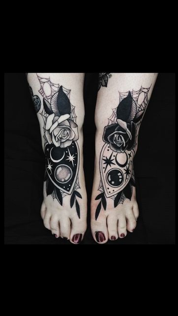 Feminine Witch Tattoo, Planchet Tattoo, Ouji Board Tattoo, Conjuring Tattoo, Matching Foot Tattoos, Planchette Tattoo Design, Ouija Board Tattoo, Witchy Sternum Tattoo, Skin Artwork