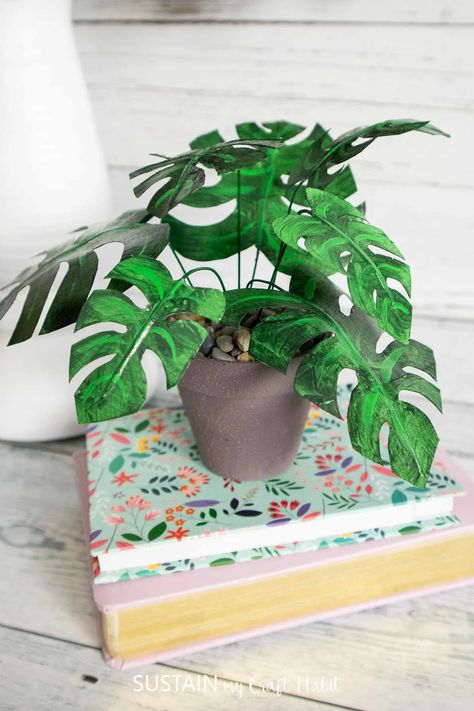 Mini Monstera Plant with Masking Tape Mini Monstera Plant, Mini Monstera, Paper Cactus, Miniature Flowers, Plant Crafts, Colorful Paintings Acrylic, Driftwood Decor, Monstera Plant, Floral Foam