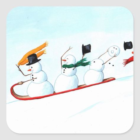 Snowmen on a Sled Classic Round Sticker | Zazzle.com Funny Snowman Drawing, Sledding Drawing, Sledding Painting, Sledding Illustration, Sled Drawing, Winter Illustration Art, Christmas Snowman Painting, Winter Calligraphy, Snowmen Cards