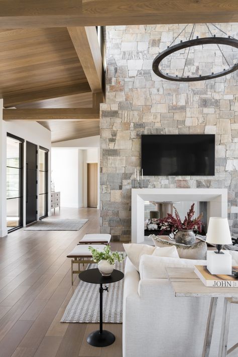 Mountainside Retreat: The Entry & Great Room - Studio McGee Mountainside Retreat, Mountain Living, Outdoor Sconces, Studio Mcgee, Stone Veneer, Sofa Shop, Great Room, Stone Fireplace, Shop Chair