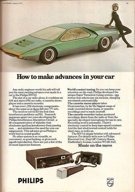 Need to record an interview with your front seat passenger? No problem, with the Philips Car Radio/Cassette Recorder RN172 you now can! 1970s Futurism, Vintage Car Party, Atomic Punk, Atomic Age Design, Atomic Space Age, Crazy Cars, Automobile Advertising, Space Technology, Art Fashion Design