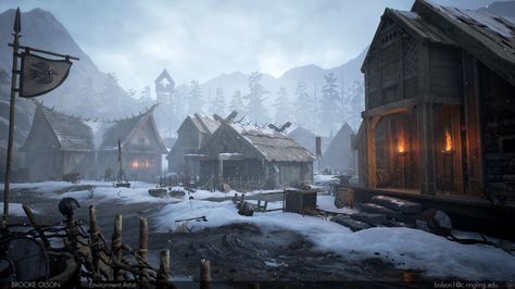 80.lv articles brooke-olson-northern-architecture-for-gamedev Viking Village, Fantasy Village, Fantasy City, Dining Hall, Fantasy Setting, Fantasy Places, Wow Art, Fantasy Art Landscapes, Fantasy Concept Art