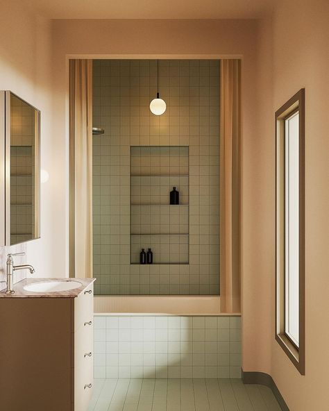 Lera Brumina | Bath time 🛁 The bathroom of the apartment project in London I’m currently working on | Instagram Modernist Bathroom, Bathroom Window Ideas, Japan Bathroom, Minimal Bathroom Ideas, Tiled Bath, Bathroom Architecture, Miami Decor, Built In Bath, Bath Tile