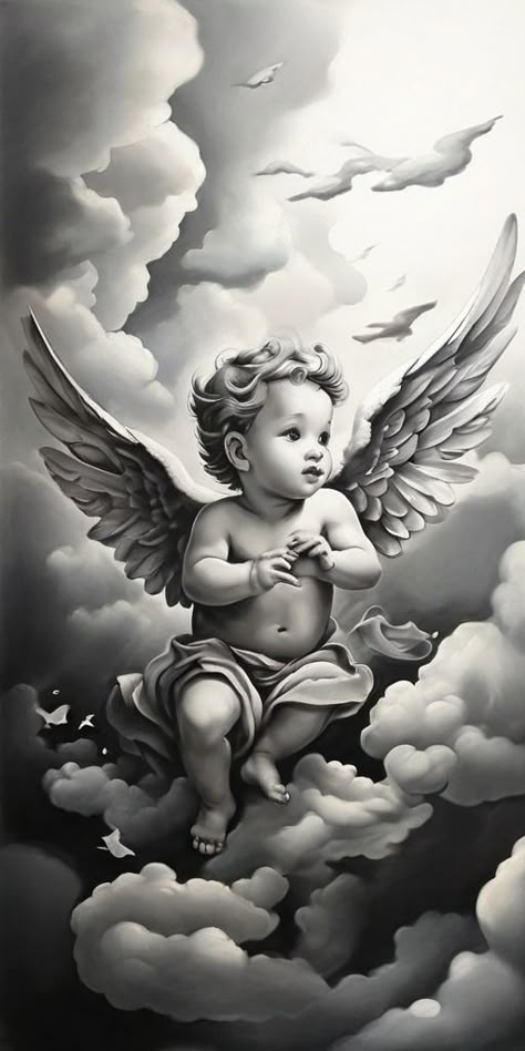 Realistic Angel Tattoo Design, Engel Tattoo Design, Angel Cherub Tattoo, Angels Tattoo Designs, Religious Tattoo Design, Cherub Tattoo Designs, Tattoos For Siblings, Christus Tattoo, Matching Tattoos For Siblings