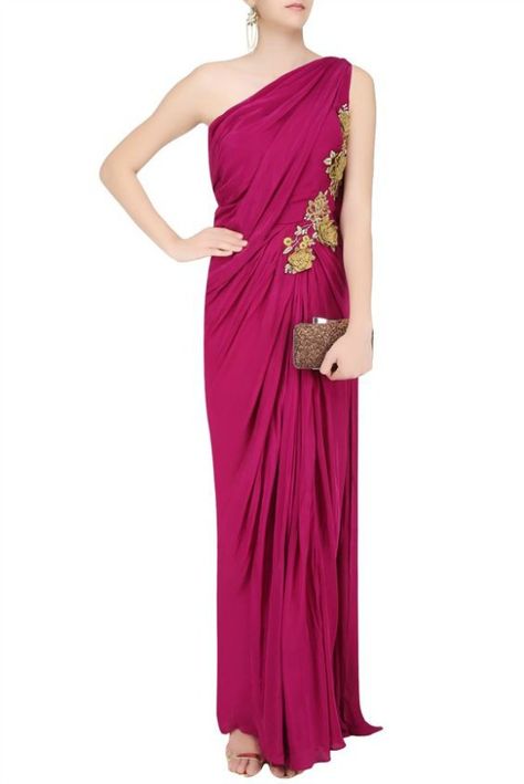 One Shoulder Dress Indian, Sari Gown, Saree Gowns, Gorgeous Pics, Gown Designs, Indian Sari Dress, Applique Work, Sari Dress, Saree Gown