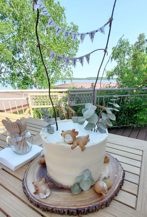 Gender Reveal Cake Woodland Theme, Woodland Cake Baby Shower Boy, Woodsy Baby Shower Cake, Eucalyptus Baby Shower Cake, Adventure Awaits Baby Shower Cake, Cake Nature Theme, Sage Baby Shower Cake, Adventure Baby Shower Cake, Deer Themed Baby Shower Boys