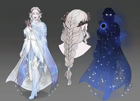 Cosmic Character Design, Galaxy Character Design, God Oc Design, Moon Character Design, Celestial Oc, Winter Eladrin, Celestial Character Design, Circle Of Stars Druid, Echo Knight