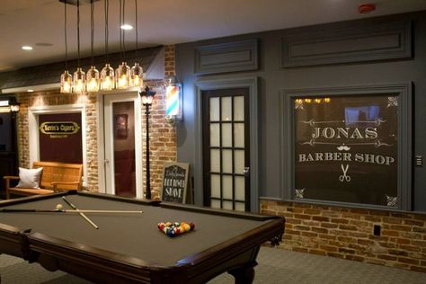 farmhouse pool table - Google Search Brick Wall Game Room, Half Brick Wall Interior, Brick Wall Bar, Garage Game Room Ideas, Half Brick Wall, Ultimate Basement, Brick Tile Wall, Industrial Basement, Brick Panels