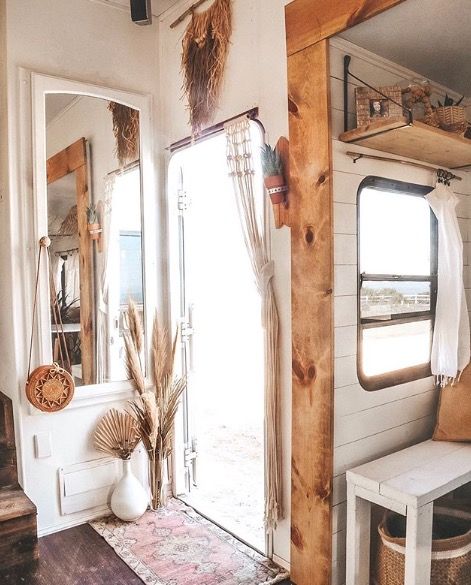 Couple Renovate RV into a Bohemian Tiny Home Interior Curtains, Rv Living Room, Rv Decorating, Buy A Tiny House, Glamper Camper, Rv Interior Remodel, Tiny House Camper, Camper Trailer Remodel, Airstream Interior