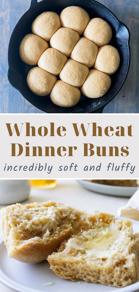 These whole wheat dinner buns are so soft and fluffy. They are delicious served with soup, stew or alone with butter and honey. These also make great slider buns. Whole Wheat Brioche Buns, White Whole Wheat Flour Recipes, Whole Wheat Hamburger Bun Recipe, Whole Wheat Dinner Rolls Recipe, Whole Wheat Recipes, Dinner Buns, Whole Wheat Buns, Whole Wheat Dinner Rolls, Yeast Bread Rolls