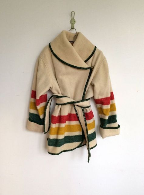 Hudson Bay Blanket Coat Pattern | just loooooove this coat!! Hudson Bay Blanket Style Smoking Jacket ... Pendleton Crafts, Dark Green Blanket, Lounge Wear Ideas, Hudson Hawk, Hudson Bay Blanket, Blanket Jacket, Green Blanket, Coat With Belt, Blanket Coat