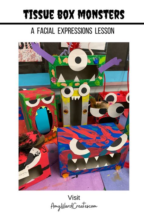 Image shows actual student examples. Drawing Haunted Houses, Amy Ward, Box Monster, Tissue Box Crafts, Monster Box, Monster Crafts, Art Concepts, Famous Monsters, Simple Craft