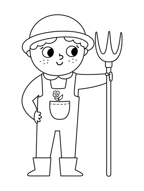 Vector black and white farmer with hayfork icon. Cute kid doing agricultural work. Rural outline country character. Child gathering hay. Funny farm illustration or coloring page Farmer Coloring Pages, Farmer Drawing Easy, People Illustration Simple, Farm Animal Drawings, Farmer Drawing, Preschool Jobs, Farm Drawing, Farm Illustration, Scenery Drawing For Kids