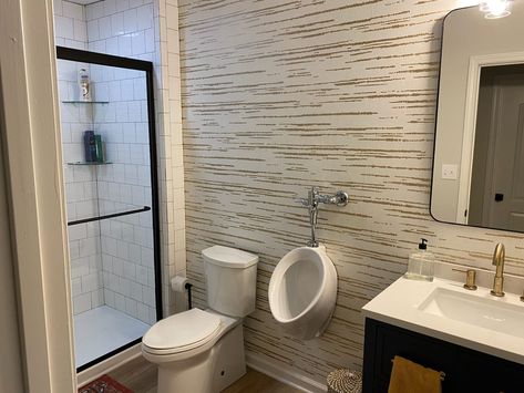 Toilet And Urinal Bathroom, Urinals In Home Bathrooms, Toilet With Urinal Design, Bathroom With Urinal Ideas, Bathroom With Urinal And Toilet, Bathroom With Urinal, Home Urinal, Urinal In Home Bathroom, Bathroom Urinal