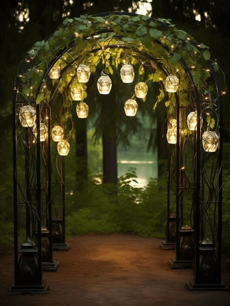 Lantern Decorations Wedding, Lanterns In Garden, Outdoor Event Venue Design, Garden Pathway Lights, Garden Party Inspiration, Outdoor Lighting Ideas House Entrance, Garden Wedding Entrance, Garden Archway Ideas, Green Garden Background