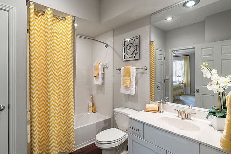 Yellow Bathroom Ideas, Yellow Grey Bathroom, Yellow Bathroom Decor, Gray Shower Curtains, Gray Bathroom Decor, Yellow Bathroom, Gray Bathroom, Grey Bathroom, Yellow Bathrooms